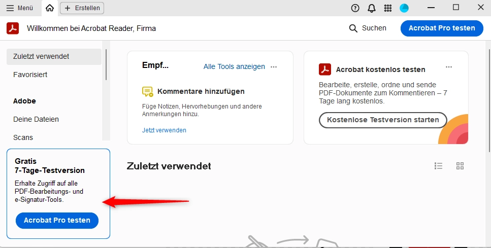 Acrobat Pro testen Anzeige