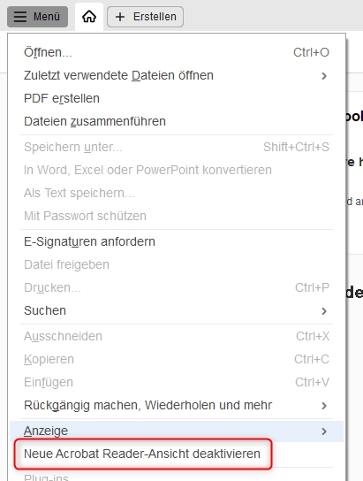 Neue Acrobat Reader-Ansicht deaktivieren